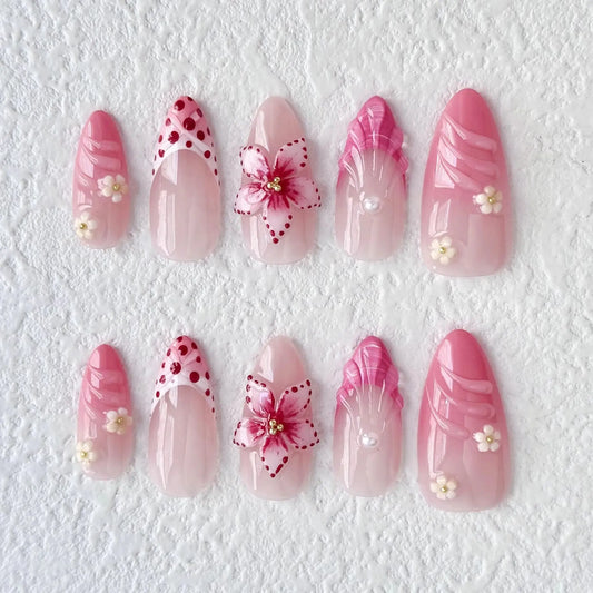 Pink Ombre Press-On Nails – Handmade Almond 3D Flower Designs, 10 Pieces