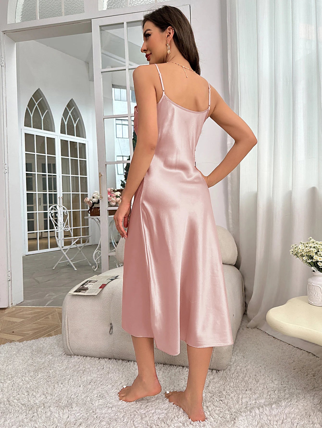 Spaghetti Strap V-Neck Nightdress — Mid-Calf Slip Nightgown | Women's Sleepwear