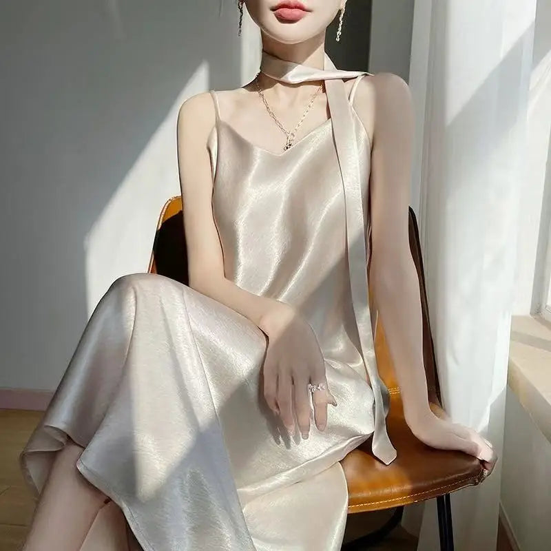 French Elegant Satin Camis Dress Women Summer Loose with Ribbon Midi Dress Female Fashion Aesthetic Party Evening Slip Dress