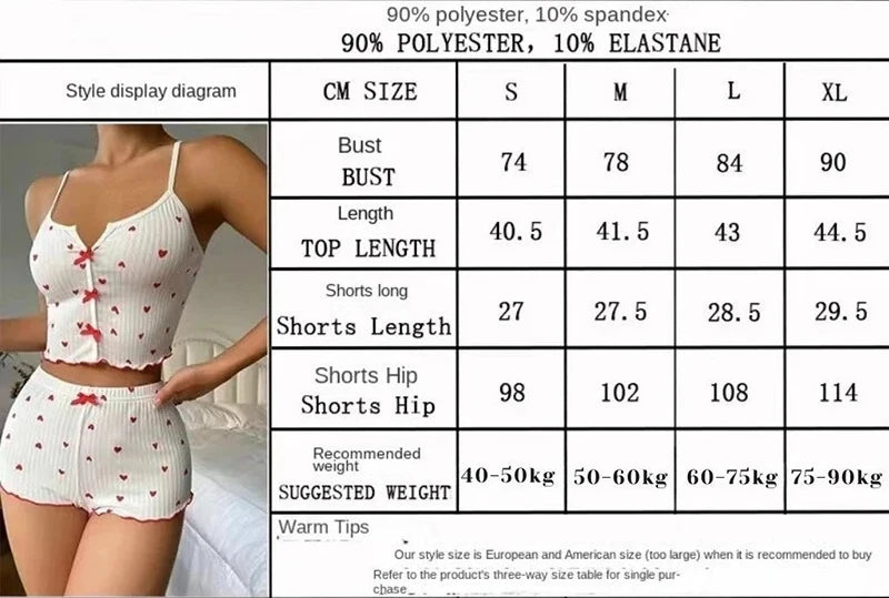 Heart Print Frill-Trim Pajama Set – Ribbed Square-Neck Top & Shorts, Summer Loungewear (S–2XL)
