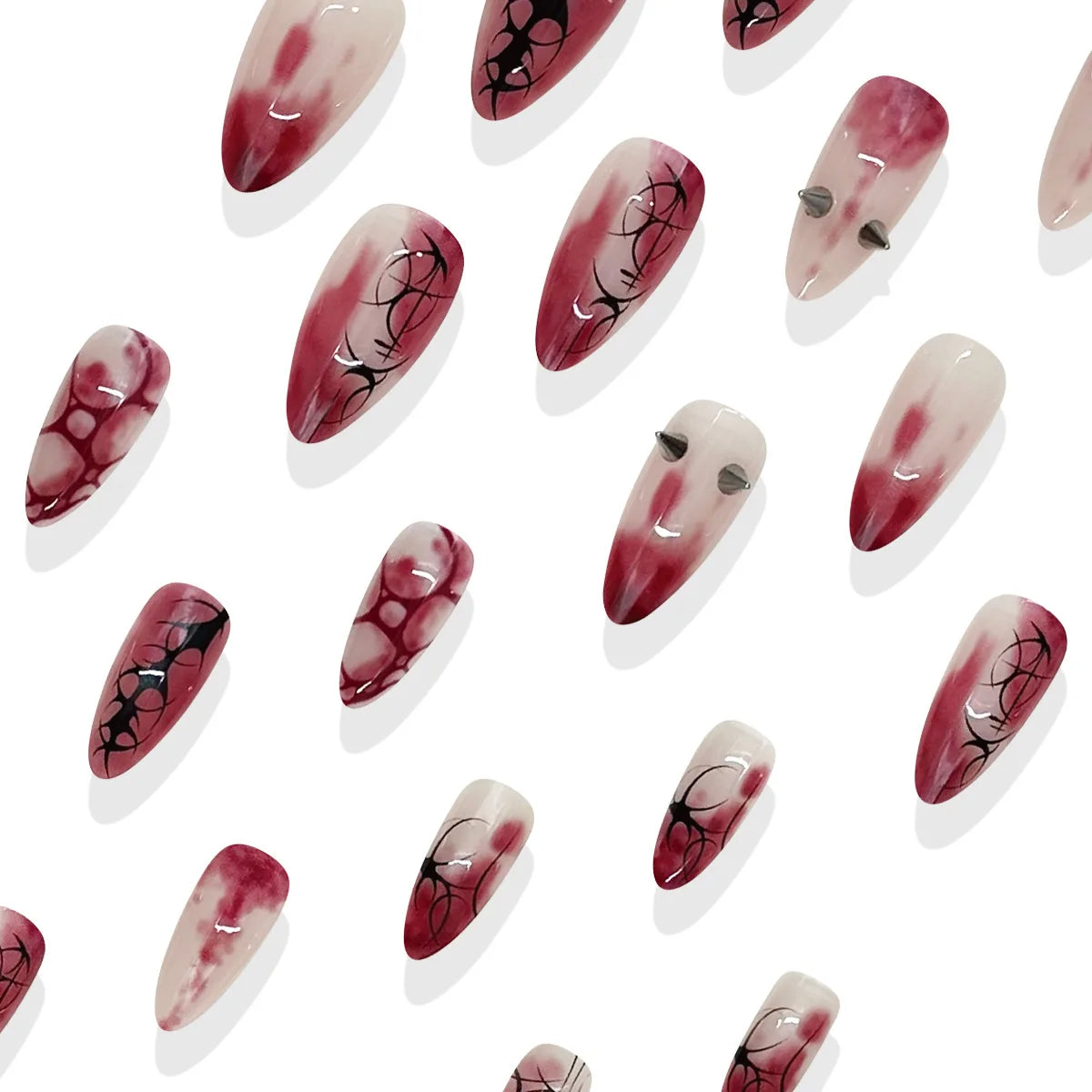 Halloween Press-On Nails – Red & Black Stripe and Silver Rivet Designs, 24 Pieces