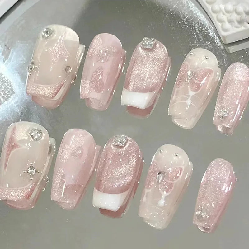 Galaxy Glitter Press-On Nails – Star & Cat-Eye Designs, 24 Pieces