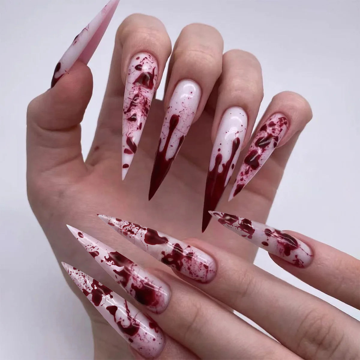 Halloween Press-On Nails – Red & Black Stripe and Silver Rivet Designs, 24 Pieces