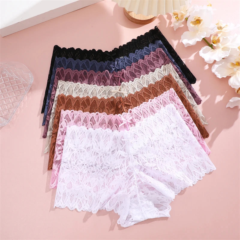 Floral Lace Boyshort Panties – Low-Rise Sexy Underwear for Women (S–XL, 7 Colors)