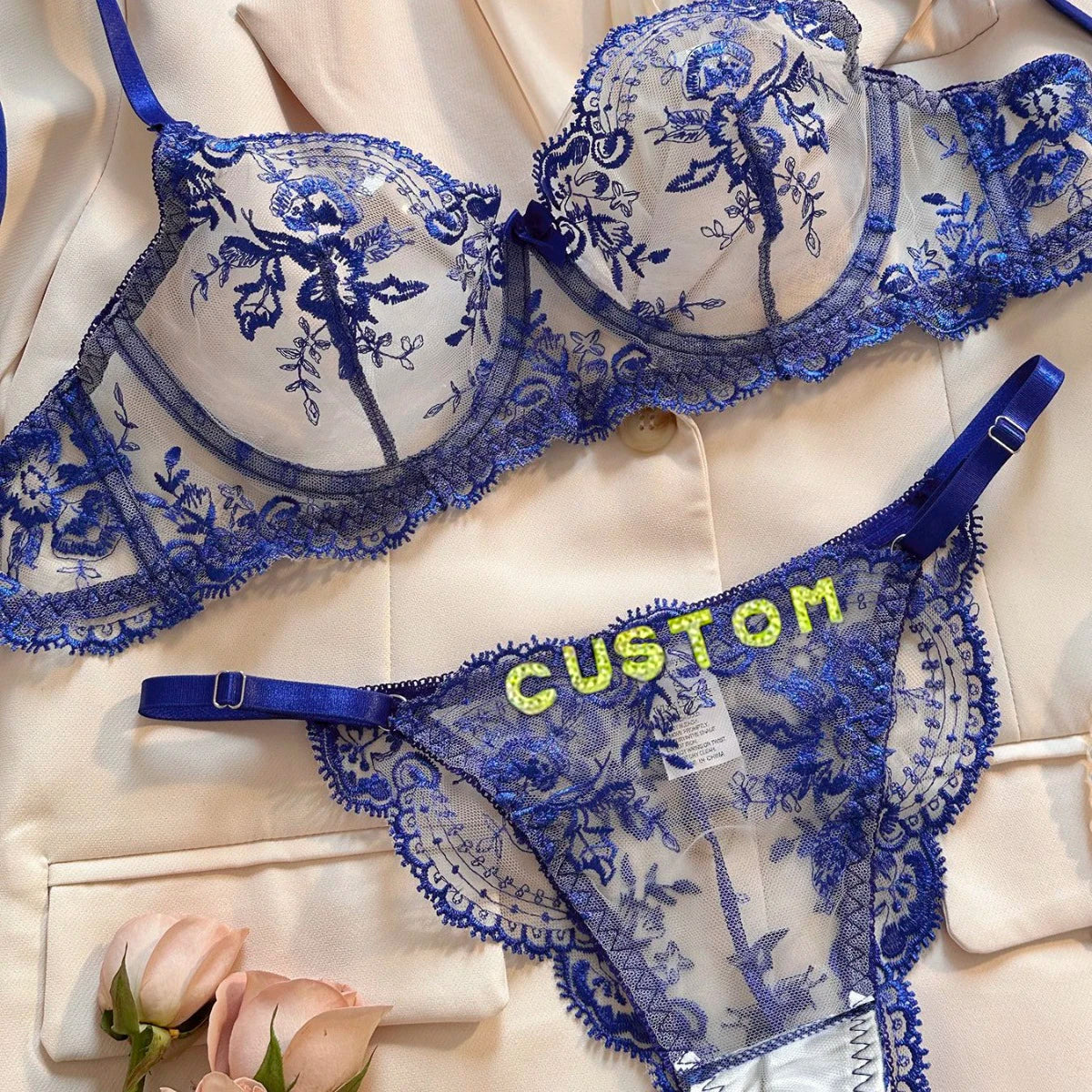 Custom Name 3-Piece Lingerie Set | Sheer Bra + Brief + Crystal Letter Thong | Personalized Gift