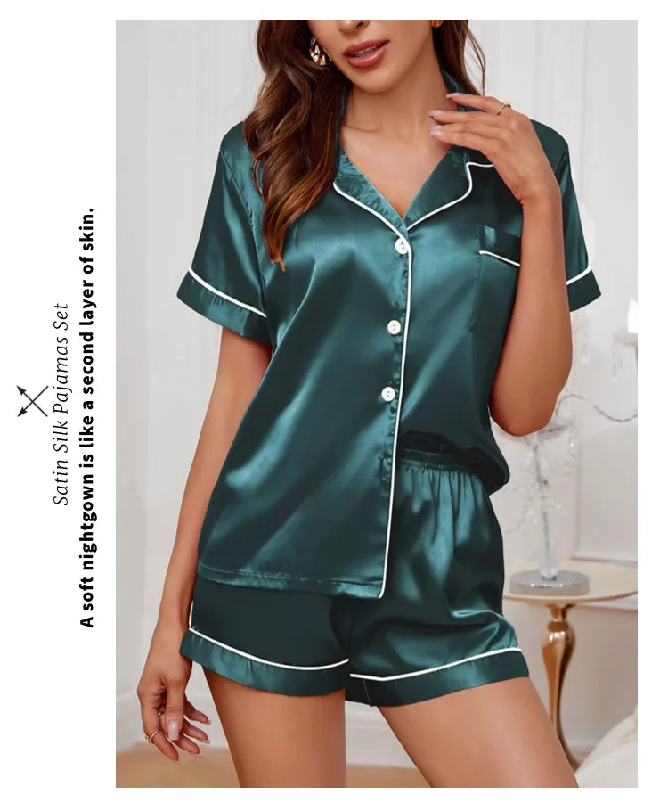 Satin Pajamas Set — Short Sleeve Button Top & Shorts | Women's Summer Sleepwear