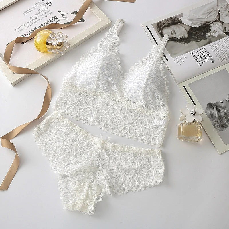 Floral Embroidery Lace Bra & Panty Set — Wire-Free Padded Bralette | Women's Lingerie