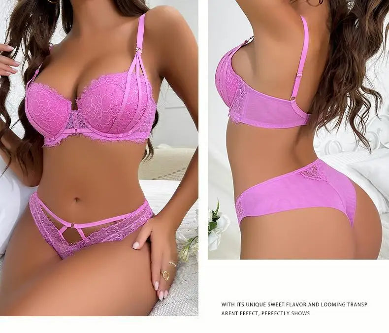Floral Embroidery Push-Up Bra & Panty Set – Underwire, ¾ Cup, Hollow Design | Women's Lingerie