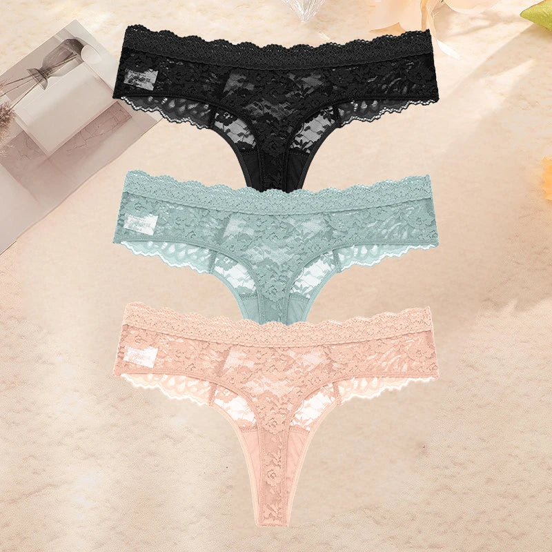 FINETOO 3PCS/Set S-XL Women Sexy Panties G-string Sexy Woman's Underwear Girl Lace Lingerie Female Bikini Lady Thong Intimates