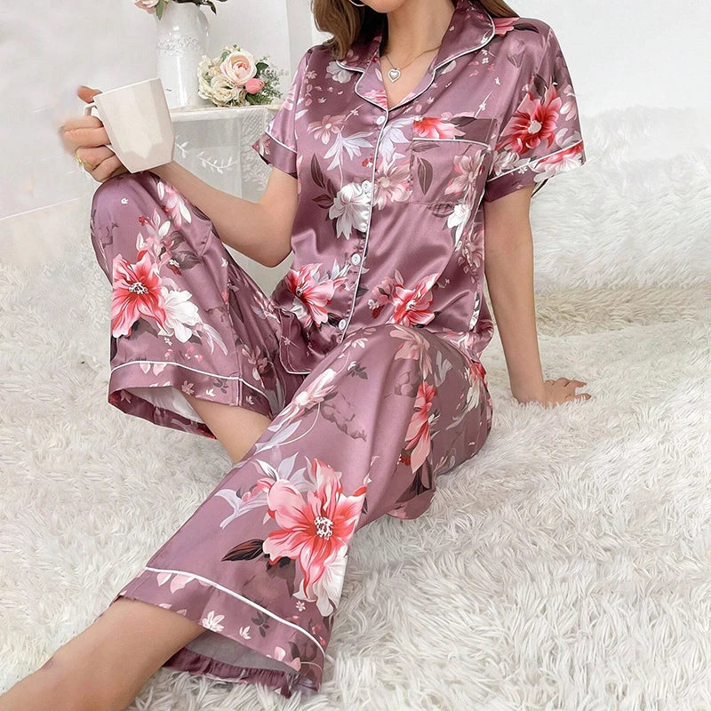 Satin Floral Pajama Set — Long Sleeve Button-Up Top & Pants
