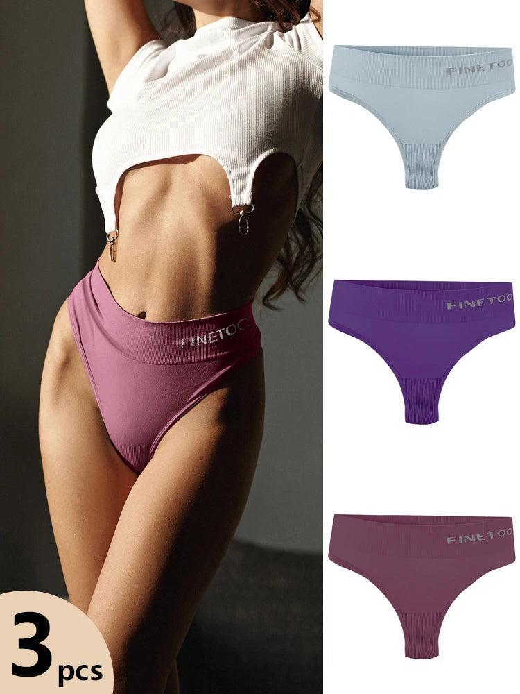 FINETOO 3pcs Women's Stretchy Panties Sexy High Waist Thongs Plus Size Underwear for Female Breathable Solid Soft Lingerie M-2XL
