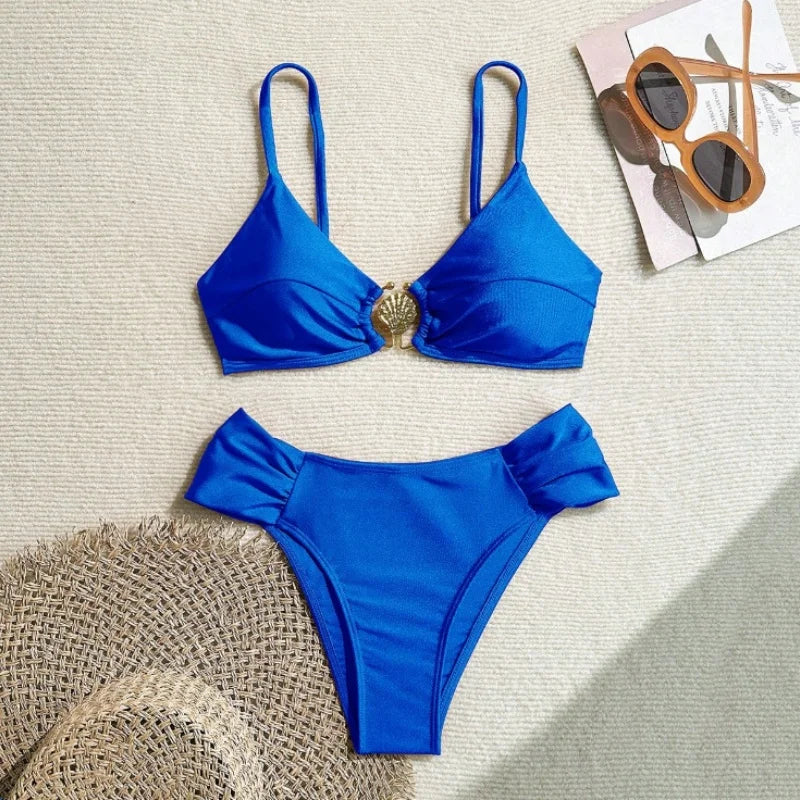 Pleated High-Waist Bikini Set — Metal Shell Buckle Push-Up | Women's Swimwear