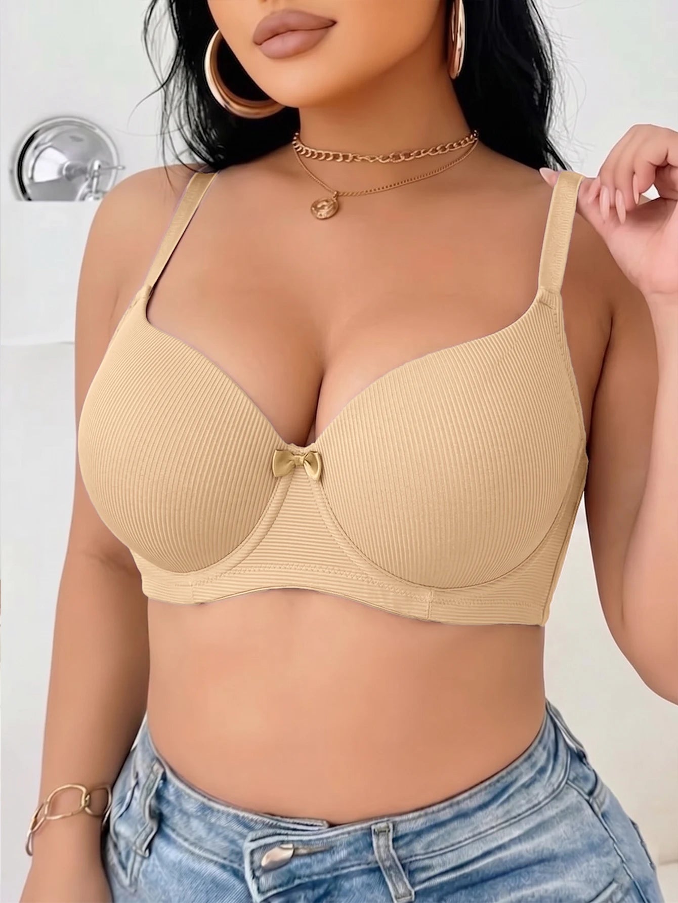 Plus Size Ribbed Push-Up Bra — Wide Strap Underwire Side Gather | Women's Bra