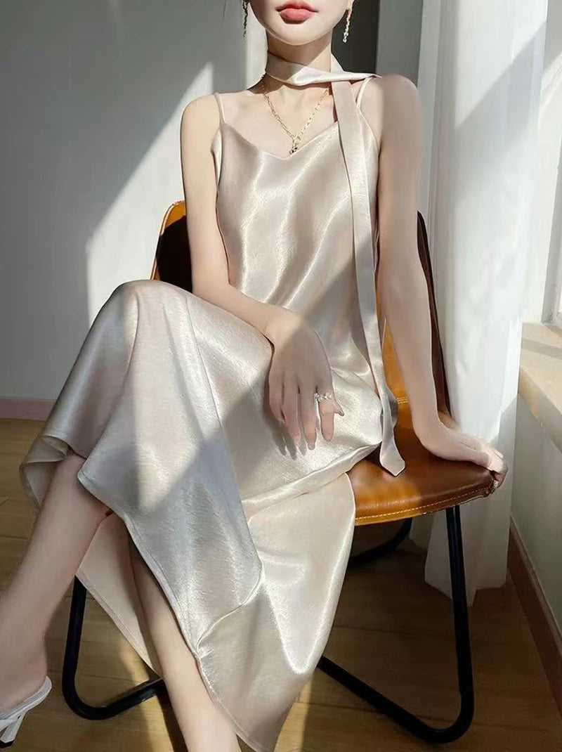 French Elegant Satin Camis Dress Women Summer Loose with Ribbon Midi Dress Female Fashion Aesthetic Party Evening Slip Dress