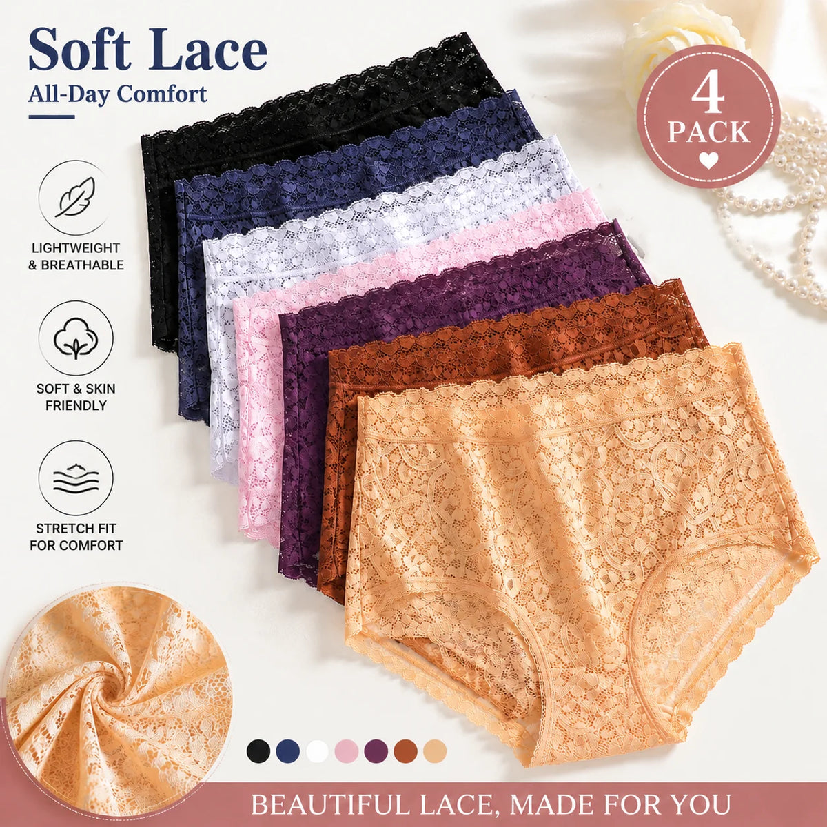 4-Pack High-Waist Lace Panties – Soft Breathable Hollow Briefs for Women (S–3XL, 9 Color Sets)