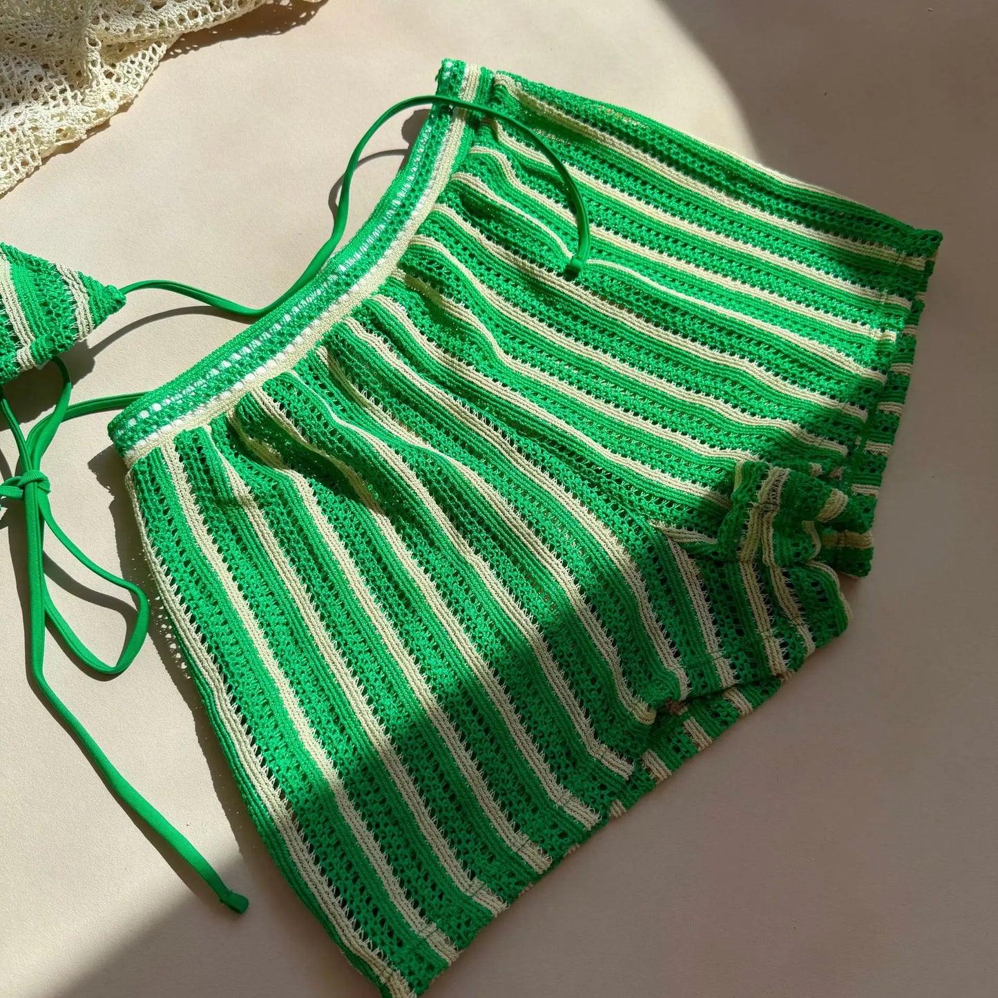 Striped Halter Triangle Bikini Set — 3-Piece with Mini Skirt Cover-Up | Women's Swimwear