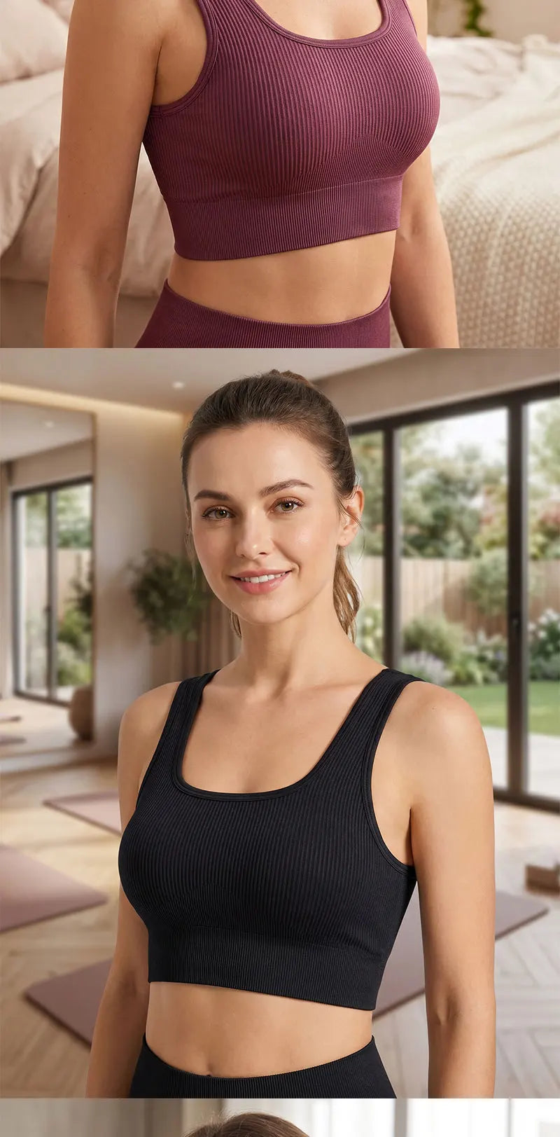 Women's Ribbed Yoga Tank Top – Padded Sports Bra | Square Neck Workout Vest