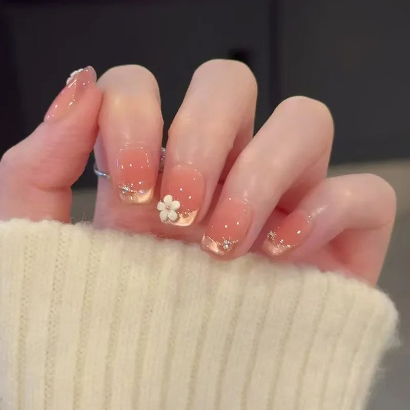 Short Press-On Nails - French Tip, Bow & Glitter Designs, 24 Pieces