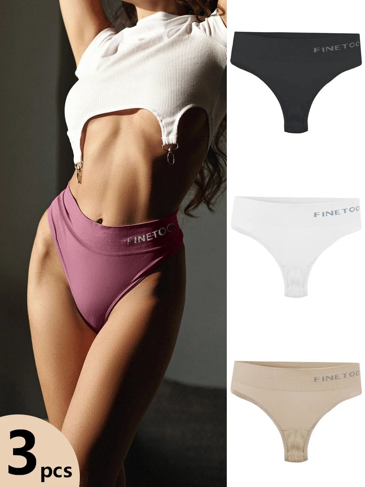 FINETOO 3pcs Women's Stretchy Panties Sexy High Waist Thongs Plus Size Underwear for Female Breathable Solid Soft Lingerie M-2XL