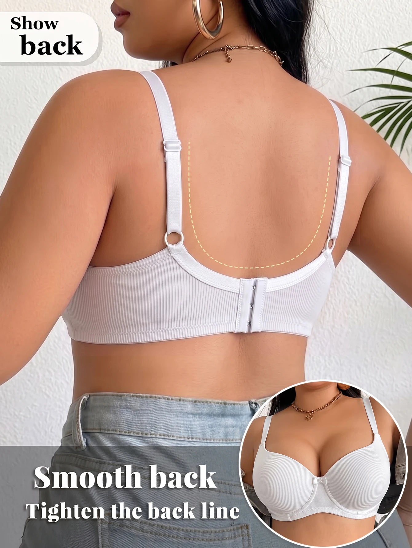Plus Size Ribbed Push-Up Bra — Wide Strap Underwire Side Gather | Women's Bra