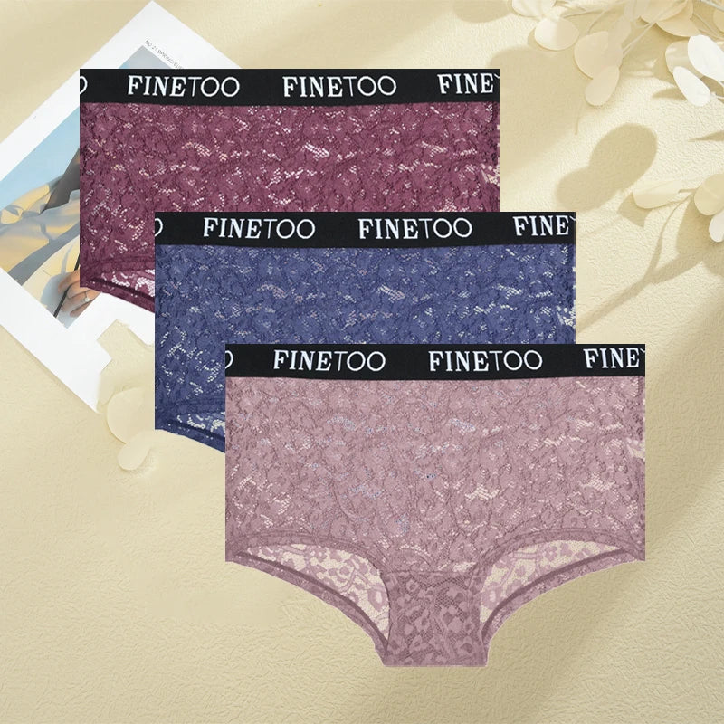 FINETOO 3Pcs Lace Hollow Out Boyshorts Underwear Women's Elastic Belt Panties Sexy Transparent Floral Briefs Breathable Lingerie