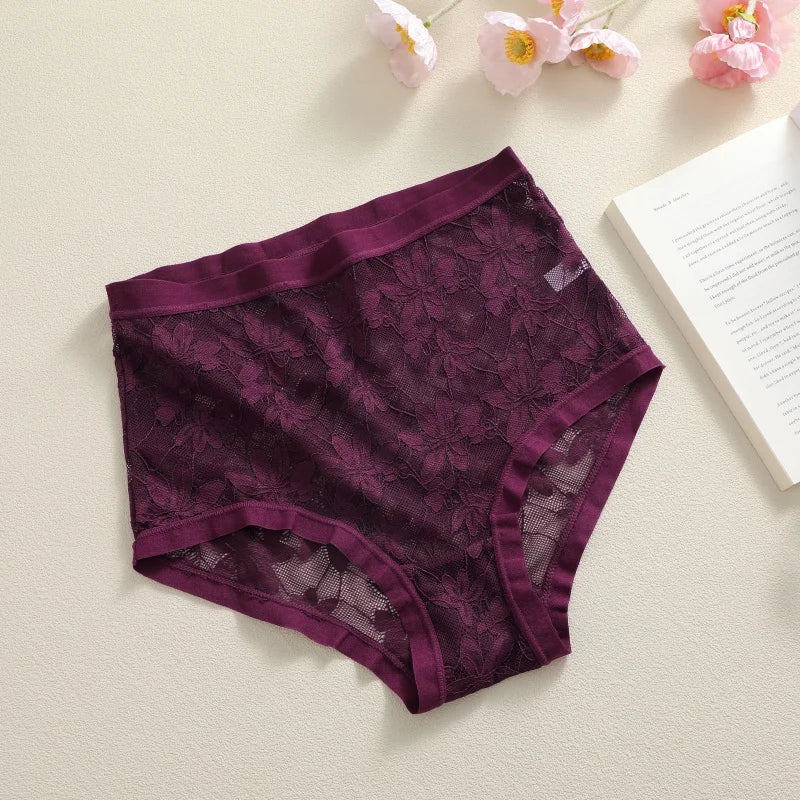 High-Waist Floral Lace Hollow Brief Panties – Breathable Sexy Underwear for Women (S–2XL, 9 Colors)