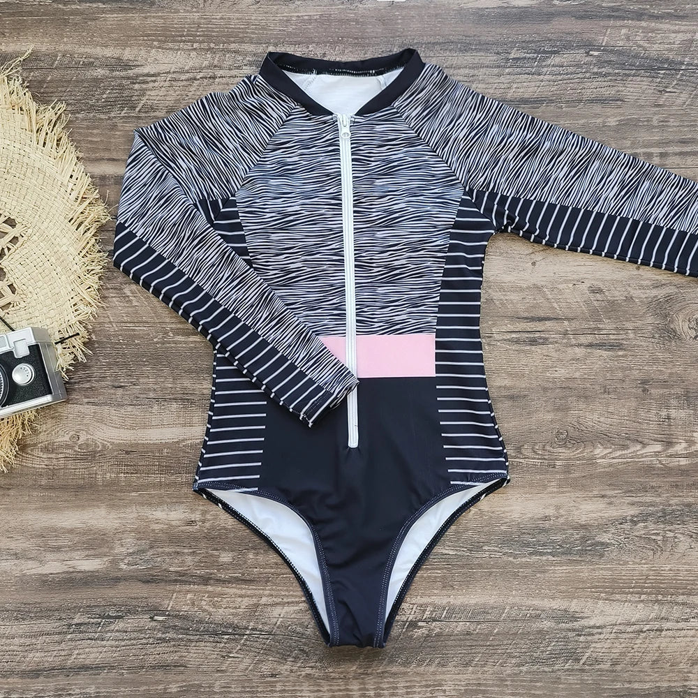 Color Block Surfing One-Piece Swimsuit — Long Sleeve Zipper | Women's Sport Swimwear