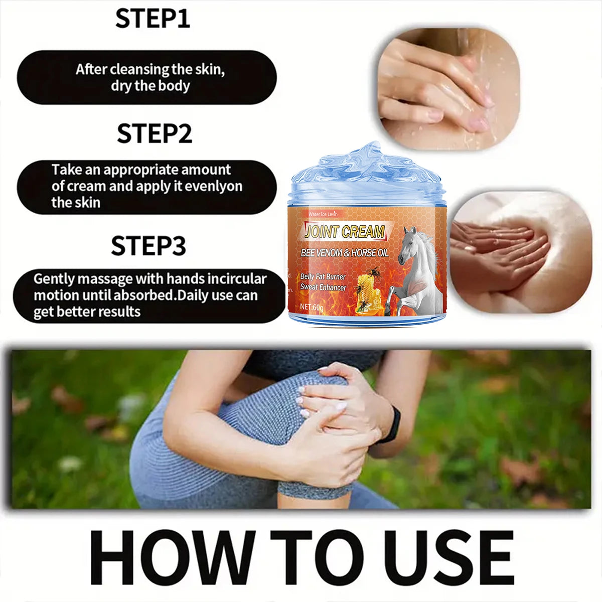 Bee Venom & Horse Oil Joint Cream - Moisturizing Formula with Ginger, Chamomile, and Arnica Extracts, Suitable for Knees, Back, Shoulders, and Neck Muscles - 60g