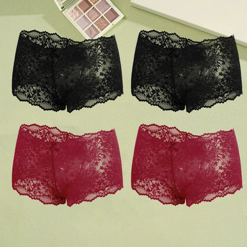 4-Pack Hollow Lace Boyshort Panties – Low-Rise Breathable Underwear for Women (S–2XL, 13 Color Sets)