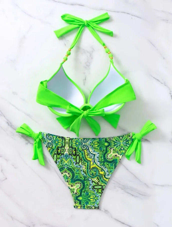 Push-Up Halter Bikini Set — Bow-Tie Top & Printed Side-Tie Bottoms | Women's Swimwear