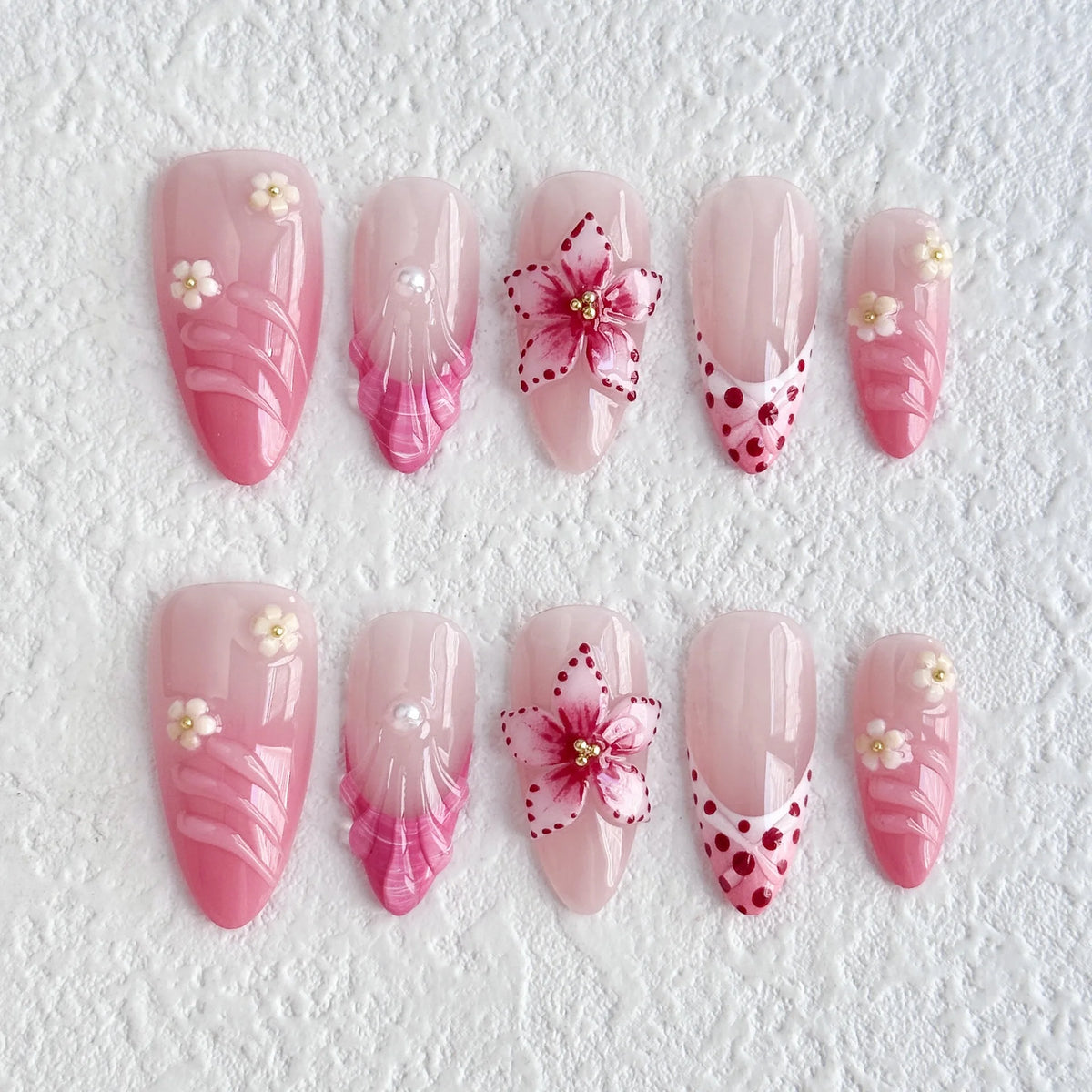 Pink Ombre Press-On Nails – Handmade Almond 3D Flower Designs, 10 Pieces