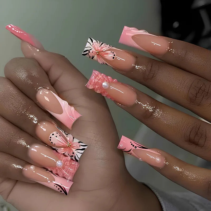 Medium Square Press-On Nails with Adhesive - Blush Pink Floral & French, 24 Pieces