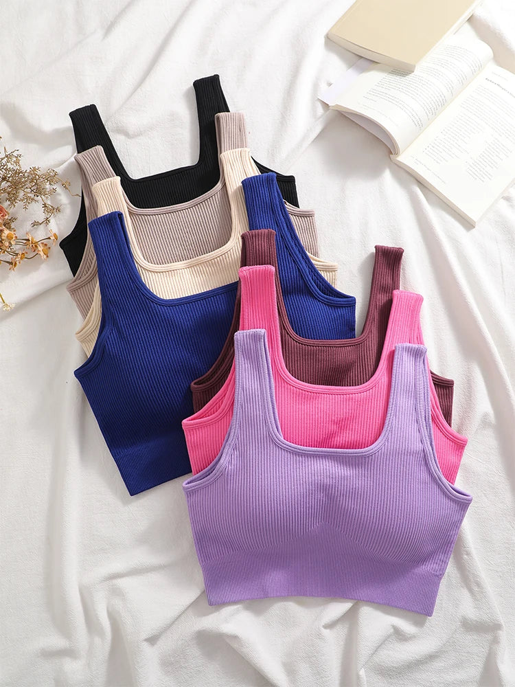 Women's Ribbed Yoga Tank Top – Padded Sports Bra | Square Neck Workout Vest