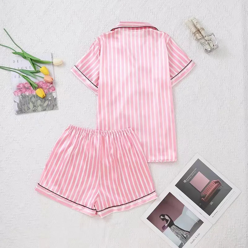 Striped Cardigan Pajama Set – Short-Sleeve Lapel Top & Shorts, Cotton Homewear for Women (S–XL)