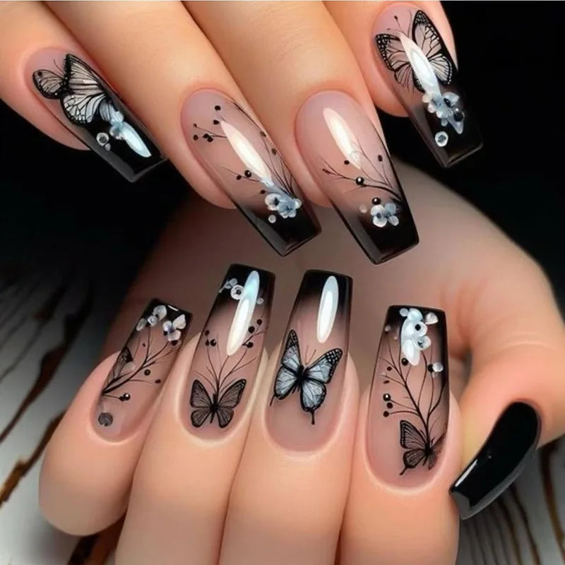Black French Press-On Nails – Leopard, Lace & Gold Butterfly Designs, 24 Pieces