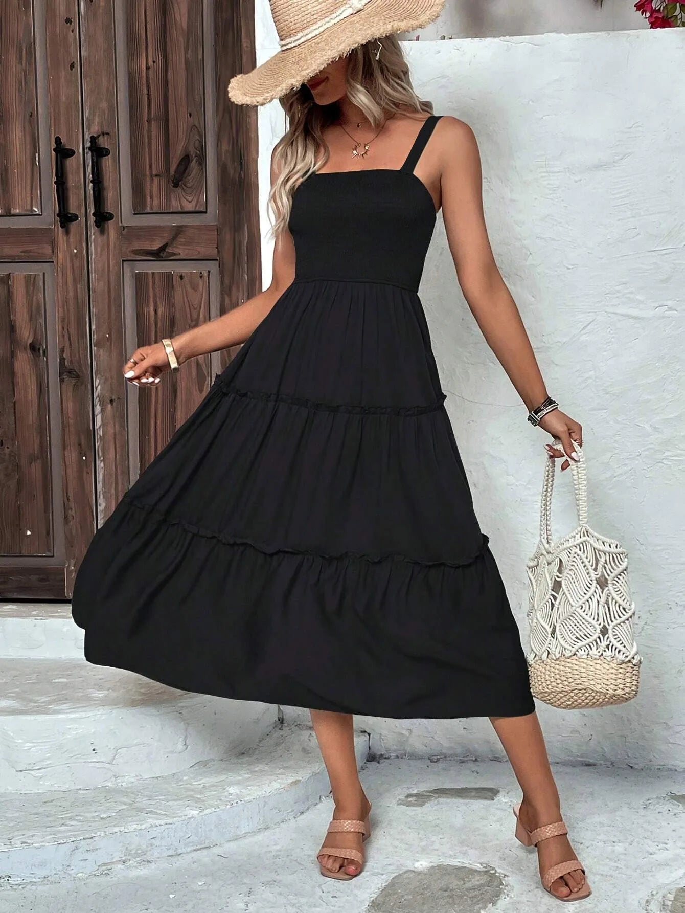 Women's Ruched Bust Ruffle Hem Sleeveless Slip Dress - Summer Sexy Bodycon Tube Strap Dress for Party Beachwear
