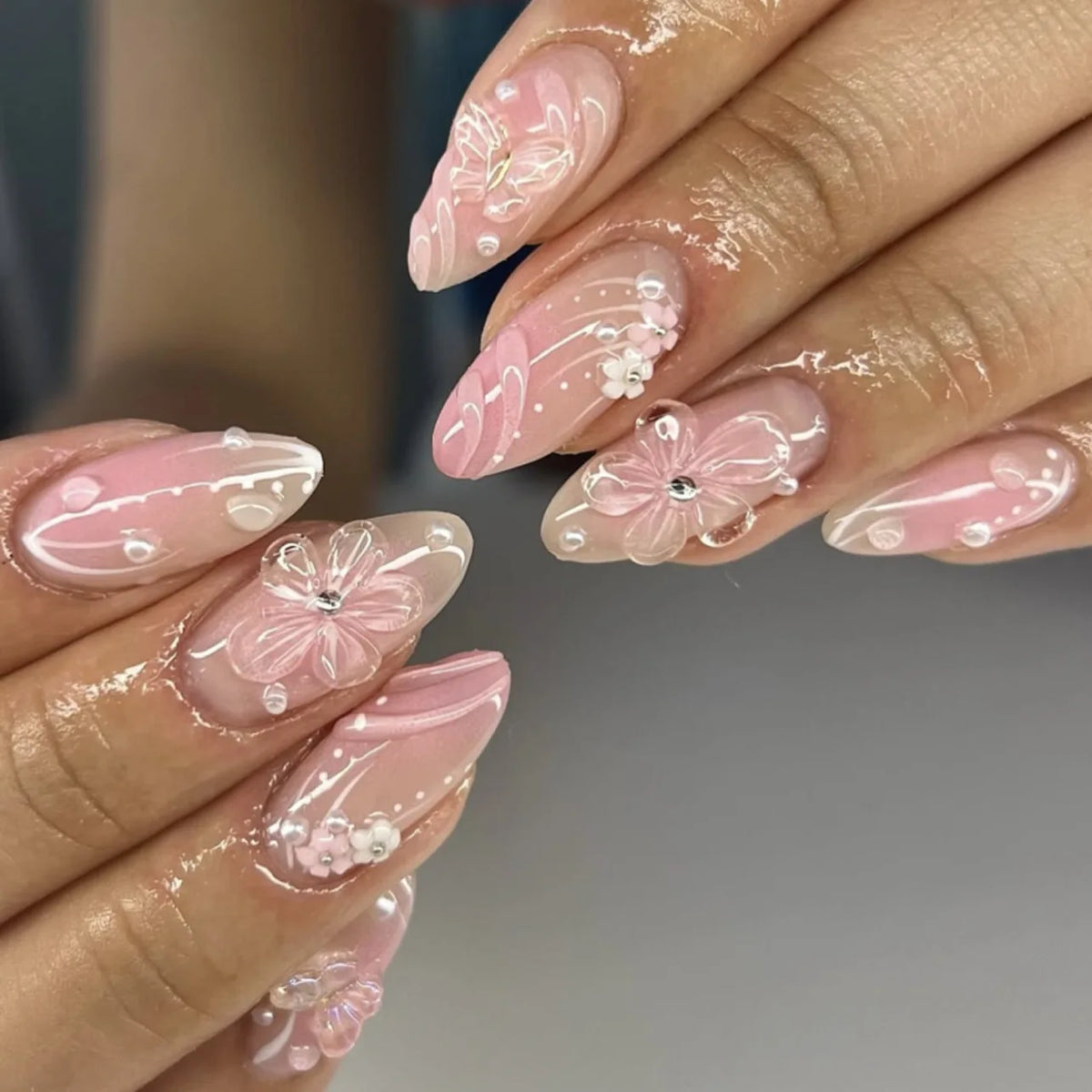Almond Press-On Nails - 3D Floral, Butterfly & French Tip, 24 Pieces