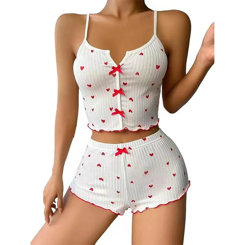 Heart Print V-Neck Pajama Set – Frill-Trim Ribbed Top & Shorts, Summer Loungewear (S–XL)