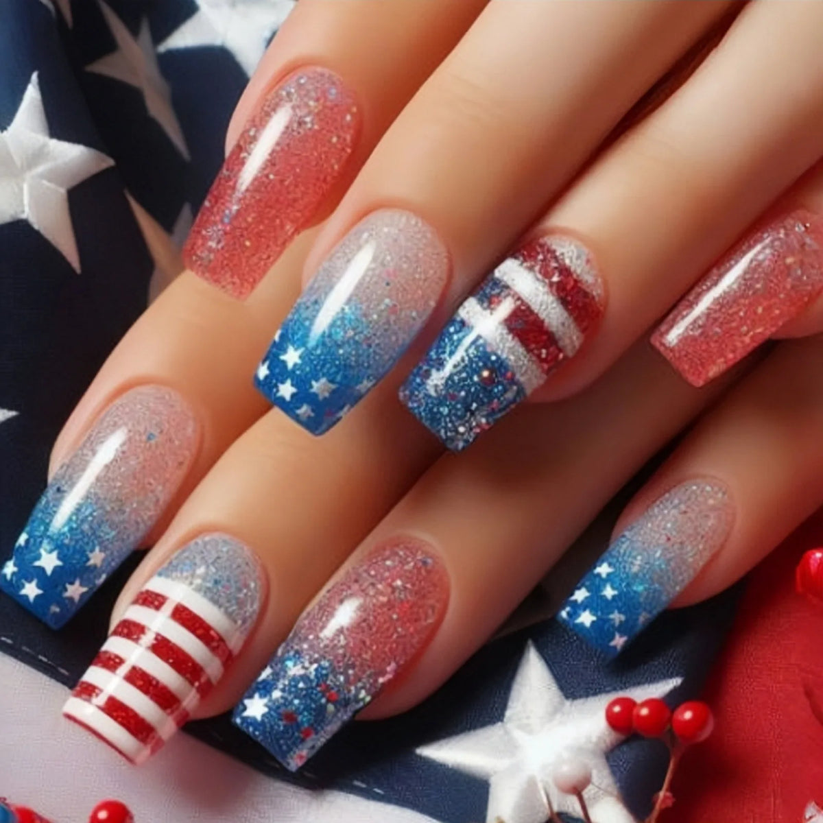 Short Coffin Press-On Nails – Stars & Moon, 24-Piece Set