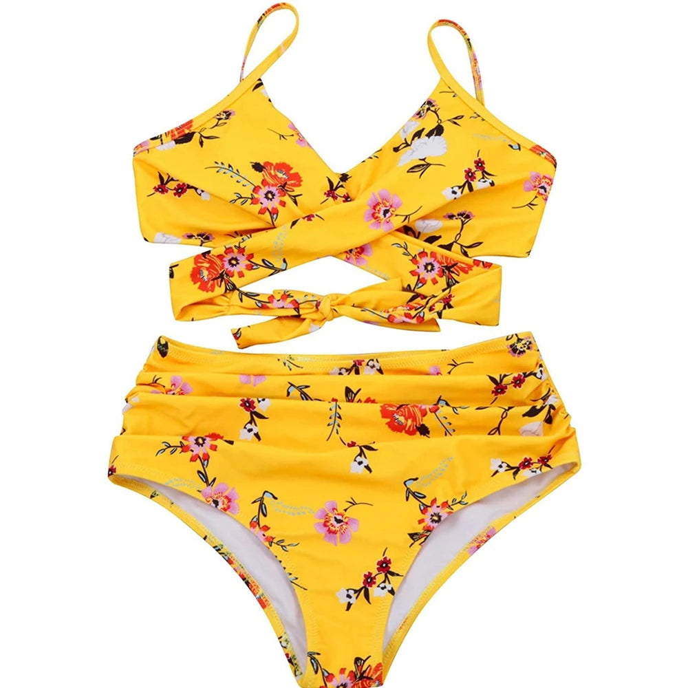 High Waist Bikini Set — Cross Front Top & Ruched Bottoms | Women's Swimwear