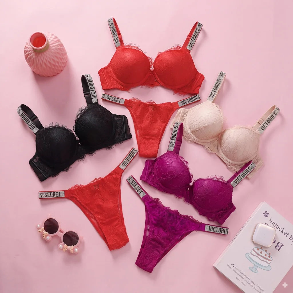 Women's Sheer Patterned Push-Up Bra & Panty Set – Breathable Lace Trim Lingerie