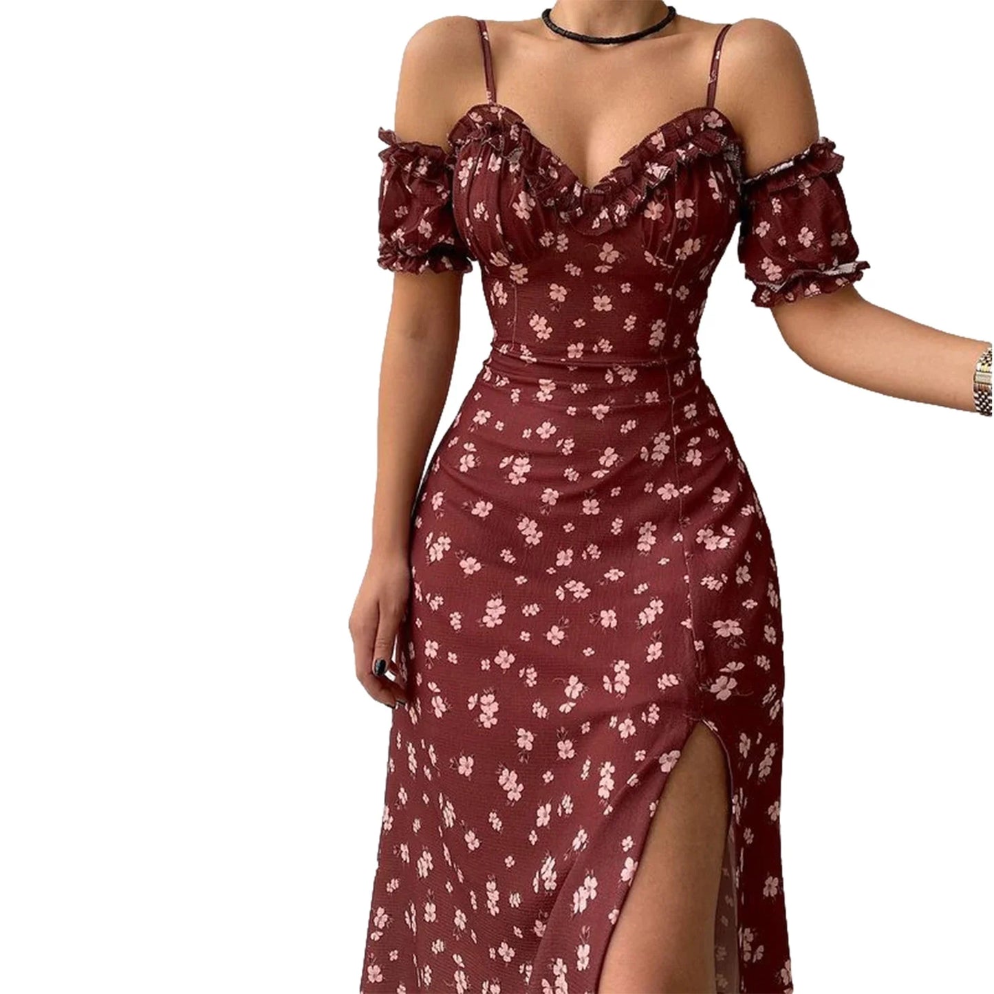 New Summer Elegant Casual Floral Print Off Shoulder Split Dress Women Short Sleeve Slim Midi Dress for Club Party Holiday