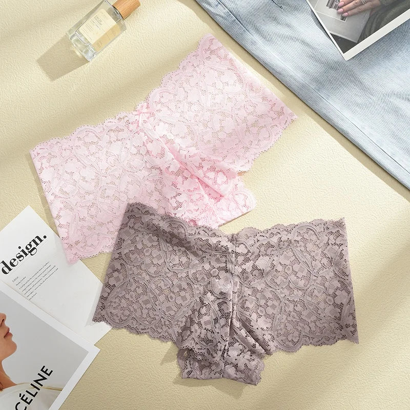 Bow-Trim Lace Boyshort Panty – Low-Rise Breathable Underwear for Women (S–XL, 6 Colors)