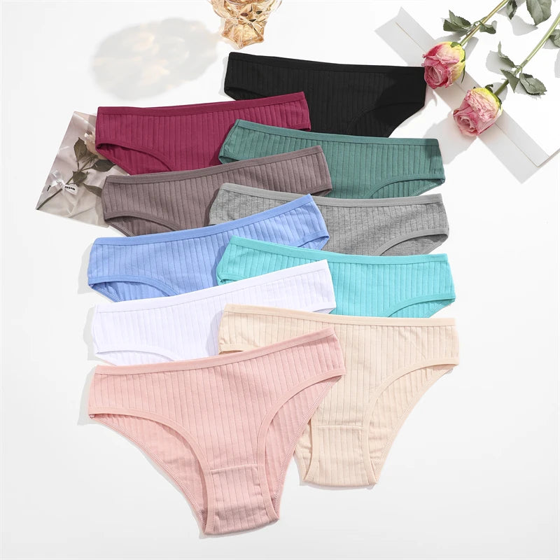FINETOO 3PCS/SET Cotton Ribbed Striped Underwear for Women Plus Size 10 Soild Colours Stretch Briefs Ladies Soft Lingerie S-7XL