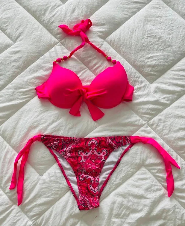 Push-Up Halter Bikini Set — Bow-Tie Top & Printed Side-Tie Bottoms | Women's Swimwear