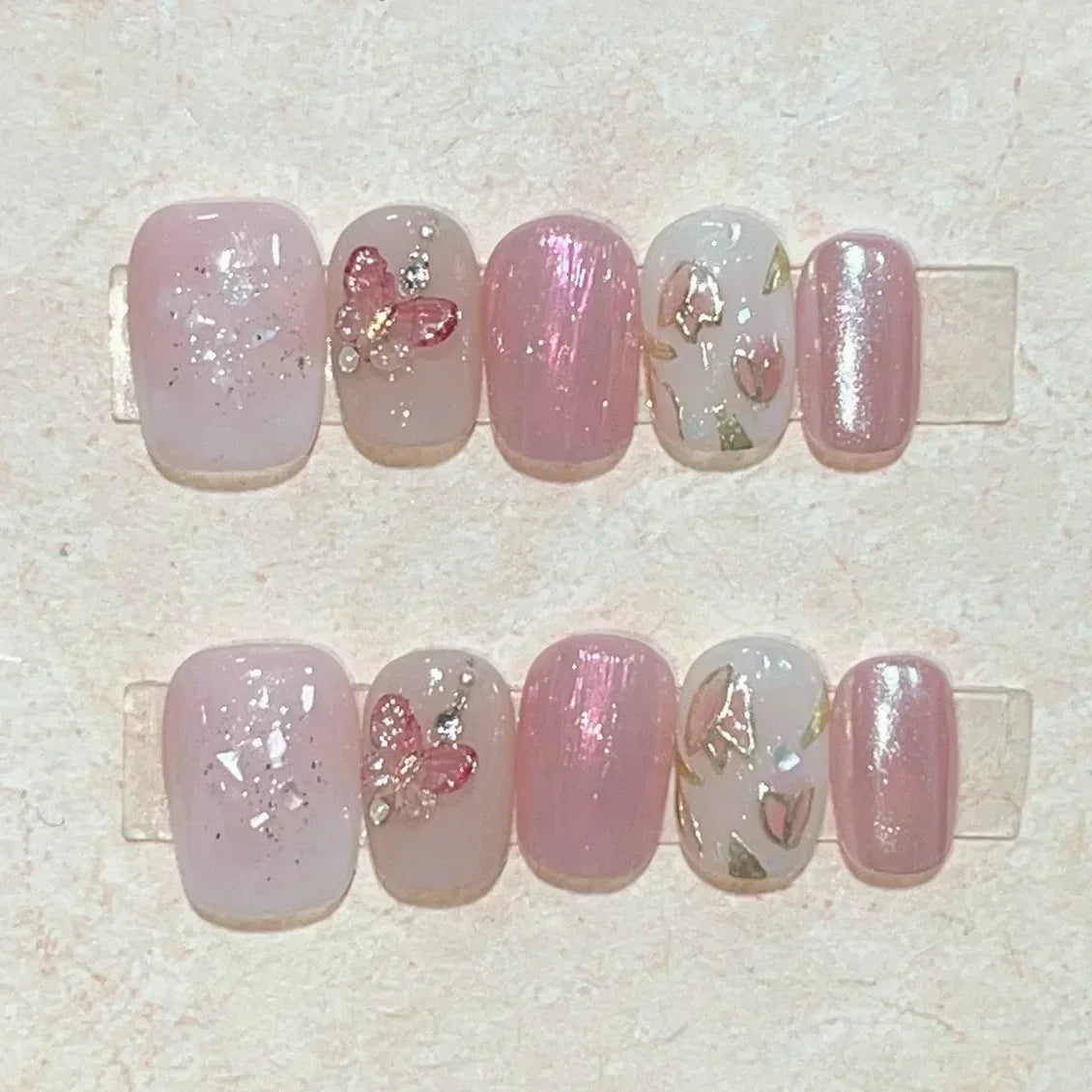 Handmade Short Square Press-On Nails - Floral & Cat Eye, 10-Piece Kit
