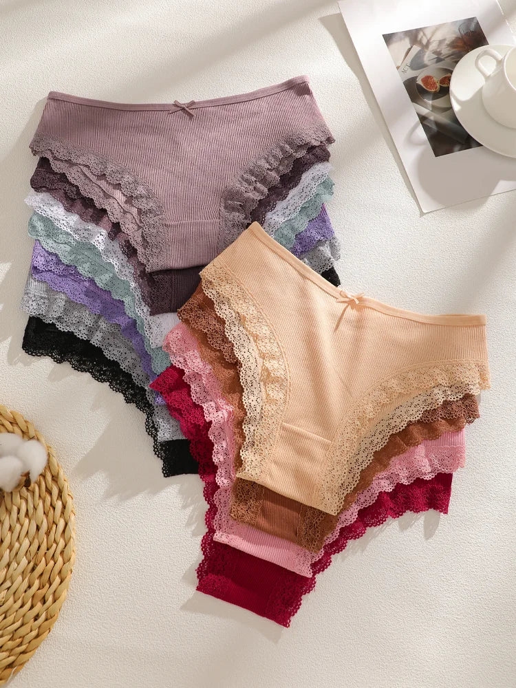 FINETOO 6PCS Women's Cotton Lace Underwear Sexy Crossed Belts Brazilian Panties Female Low Rise Breathable Briefs Soft Lingerie
