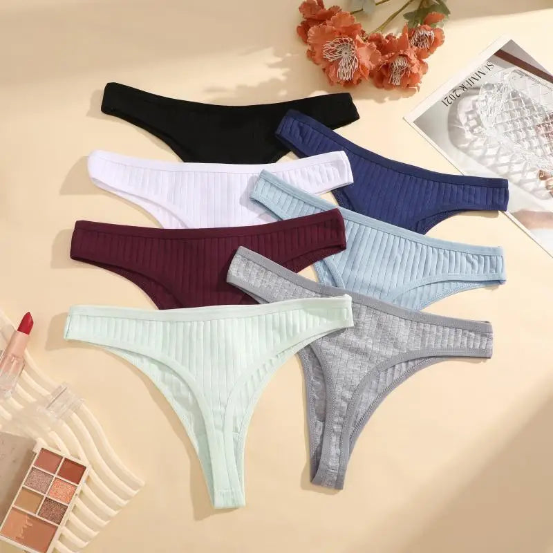 7Pcs/Set Cotton Thread Thongs Underwear Seamless Breathable Bikini T-Back G-Strings Panties Female Low Waist Sexy Lingerie S-XL