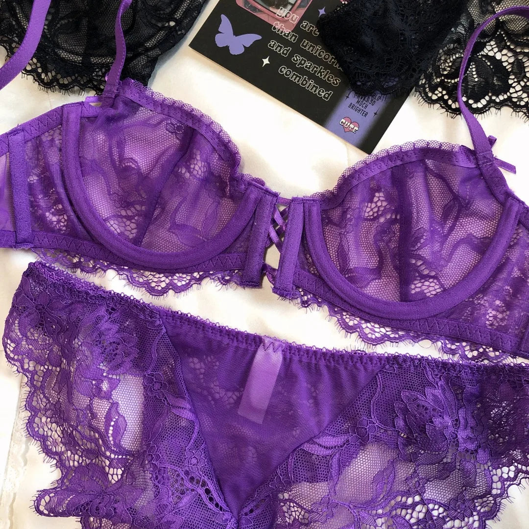French Hollow Lace Embroidery Push-Up Bra & Panty Set – Ultra-Thin, Underwire | Women's Lingerie