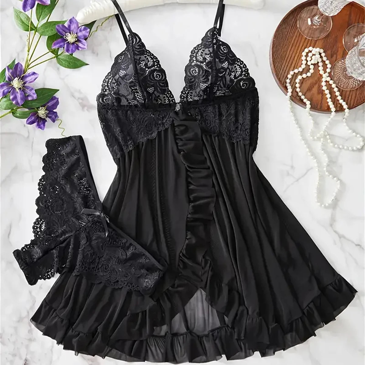 Lace Babydoll Lingerie Set — Floral Embroidery Slip Dress & Panty | Women's Intimate Wear